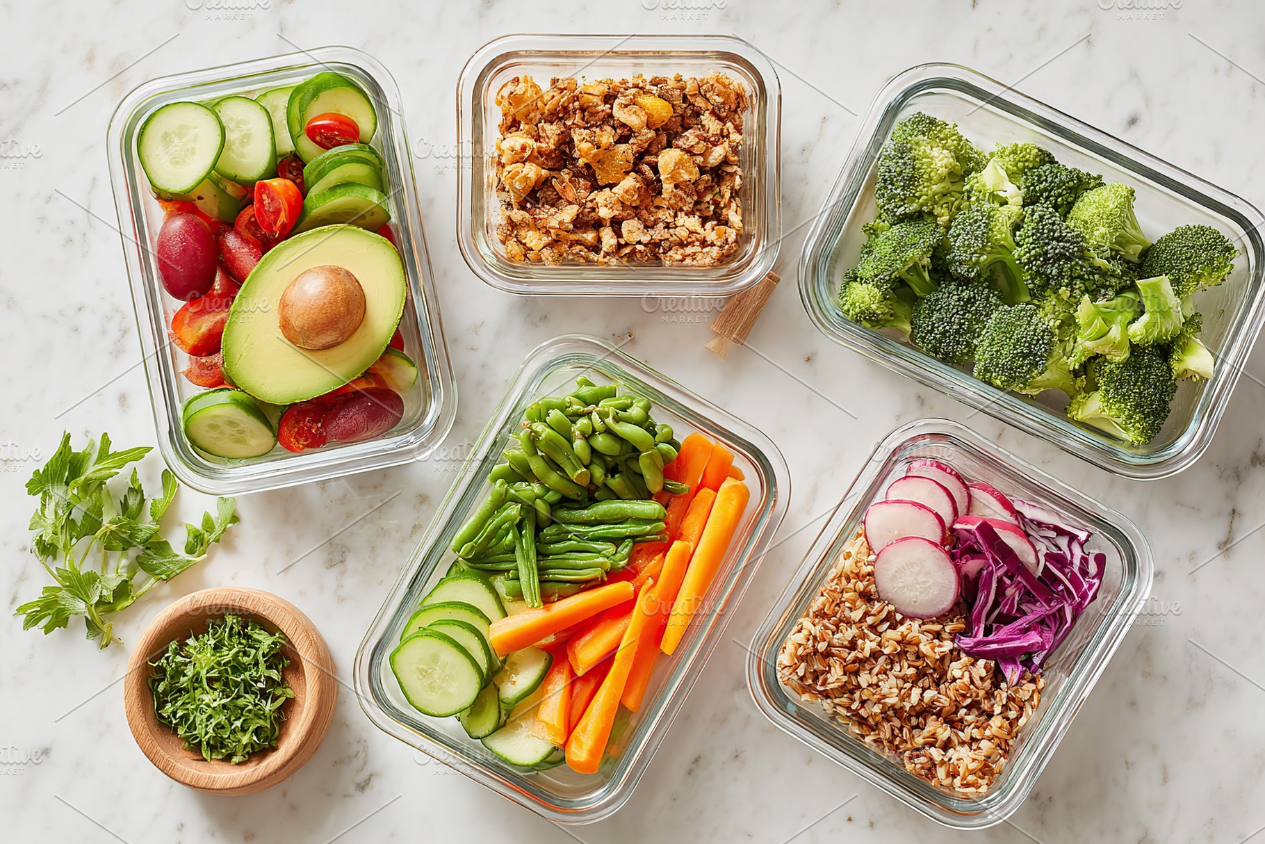 Healthy meal prep containers filled with fresh ingredients on a marble countert, a Food & Drink Photo by AlyaAnd