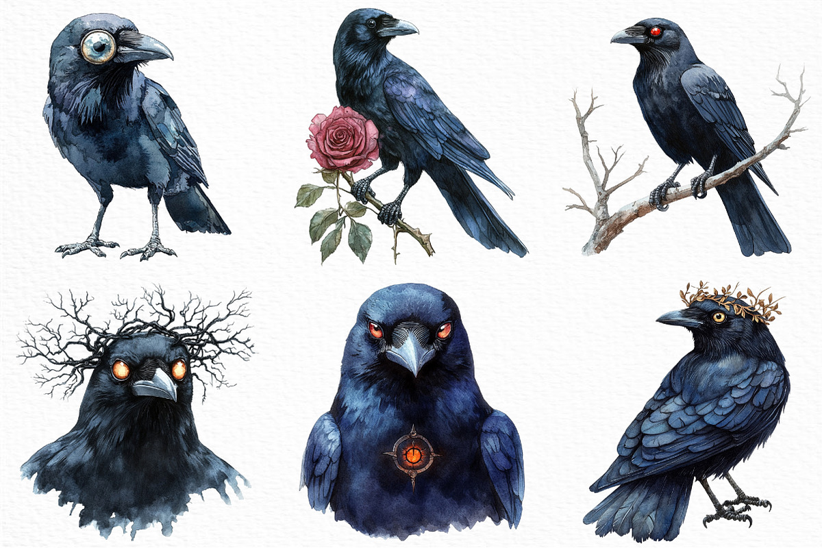 Watercolor Creepy Crow Clipart, an Illustration by Craft Nest (Photo 3 of 6)