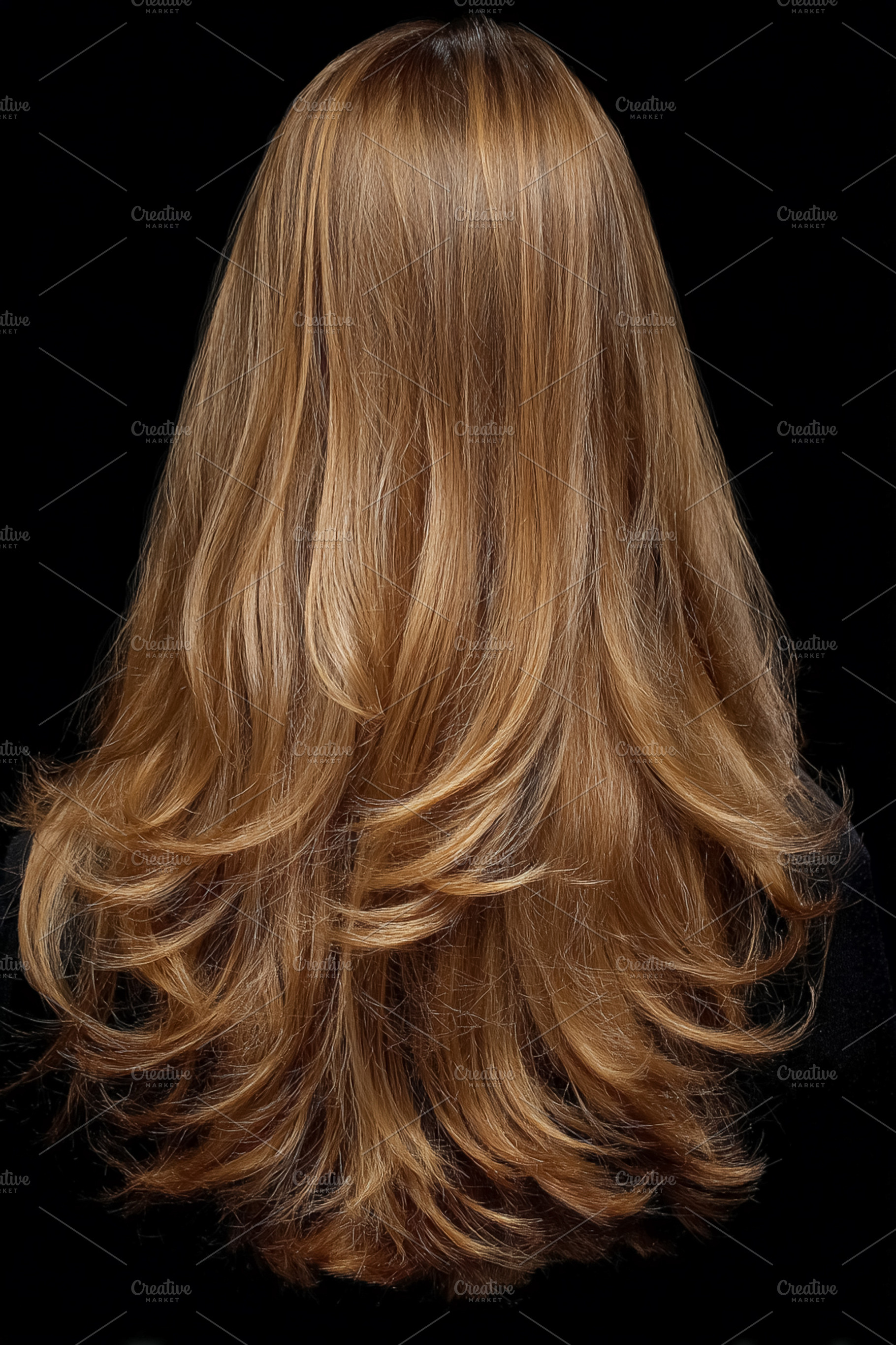Back view of a woman's blonde, layered hair with waves and highl, a Photo by Studio ANNA