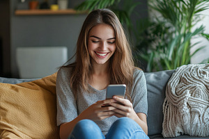 A cheerful girl lounging on the sofa, a Photo by Pavel_design
