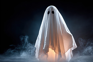 Ghost figure shrouded in white fabric amidst swirling mist and soft light effec, a Photo by AlyaAnd