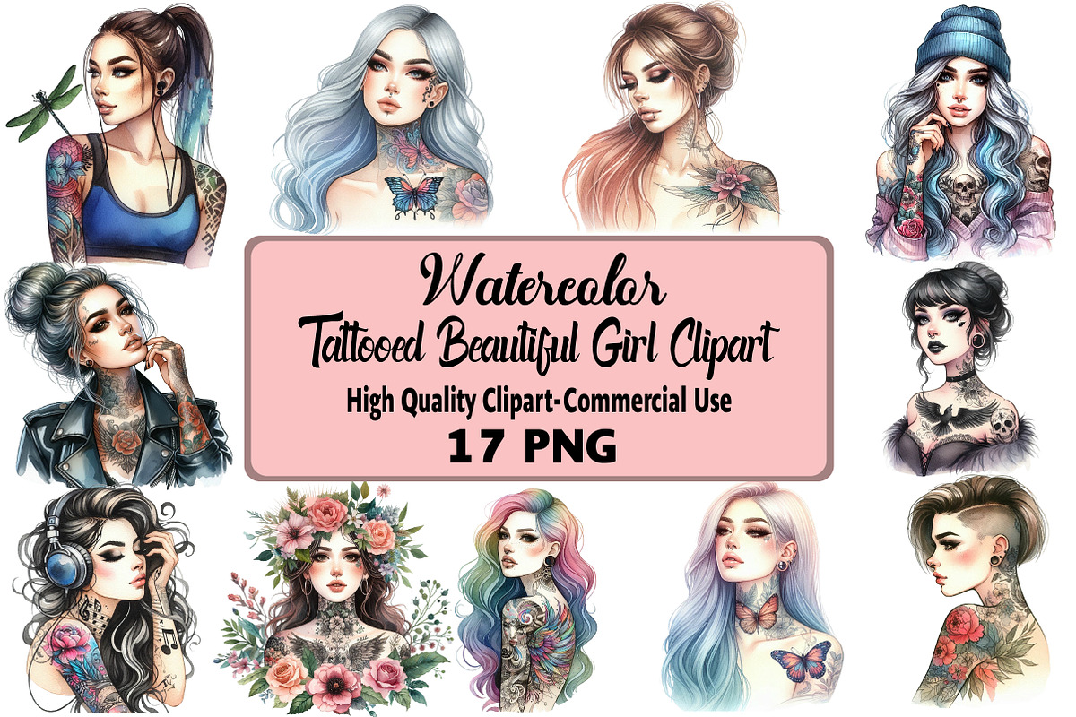 Tattooed Beautiful Girl Clipart Bund, an Illustration by Daily.Designs (Photo 1 of 2)