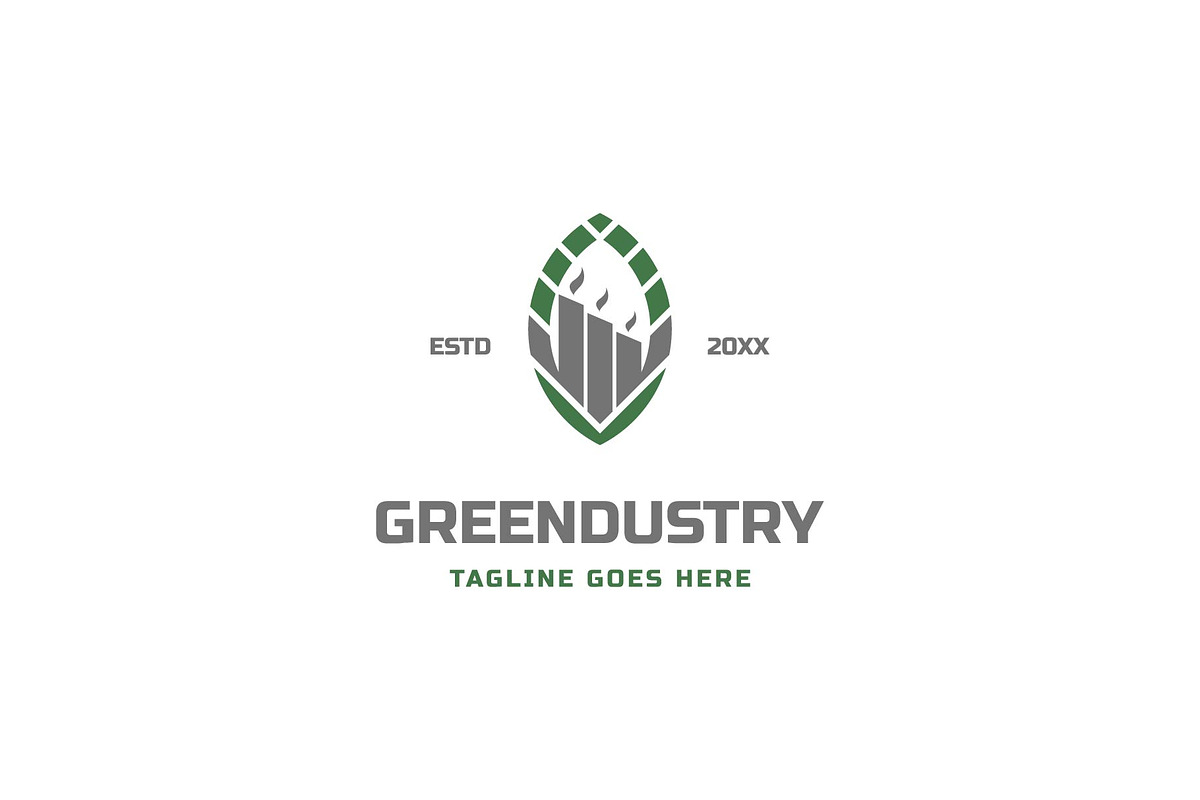 factory building and green leaf logo, a Branding & Logo Template by ZHR Creative