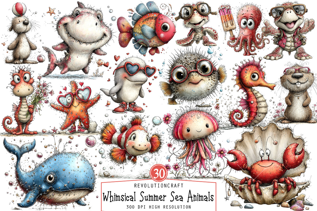 Whimsical Summer Sea Animals Clipart, an Illustration by OK Design (Photo 1 of 6)