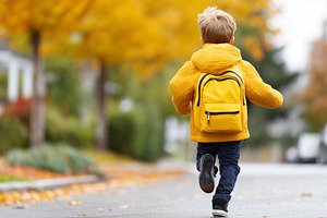 Young boy in yellow jacket backpack, a School & Education Photo by MistyDay