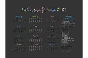 Vector Calendar For 2021 Year.