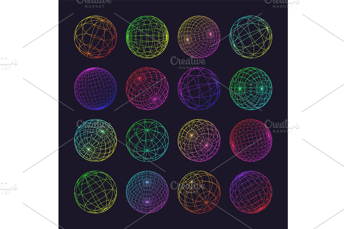 Neon wireframe shapes, lined sphere, an Object Illustration by 32pixels