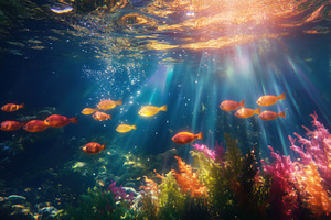 A vibrant underwater scene featuring schools of orange fish swimming amidst col, an Industrial Photo by Textures & Backgrounds