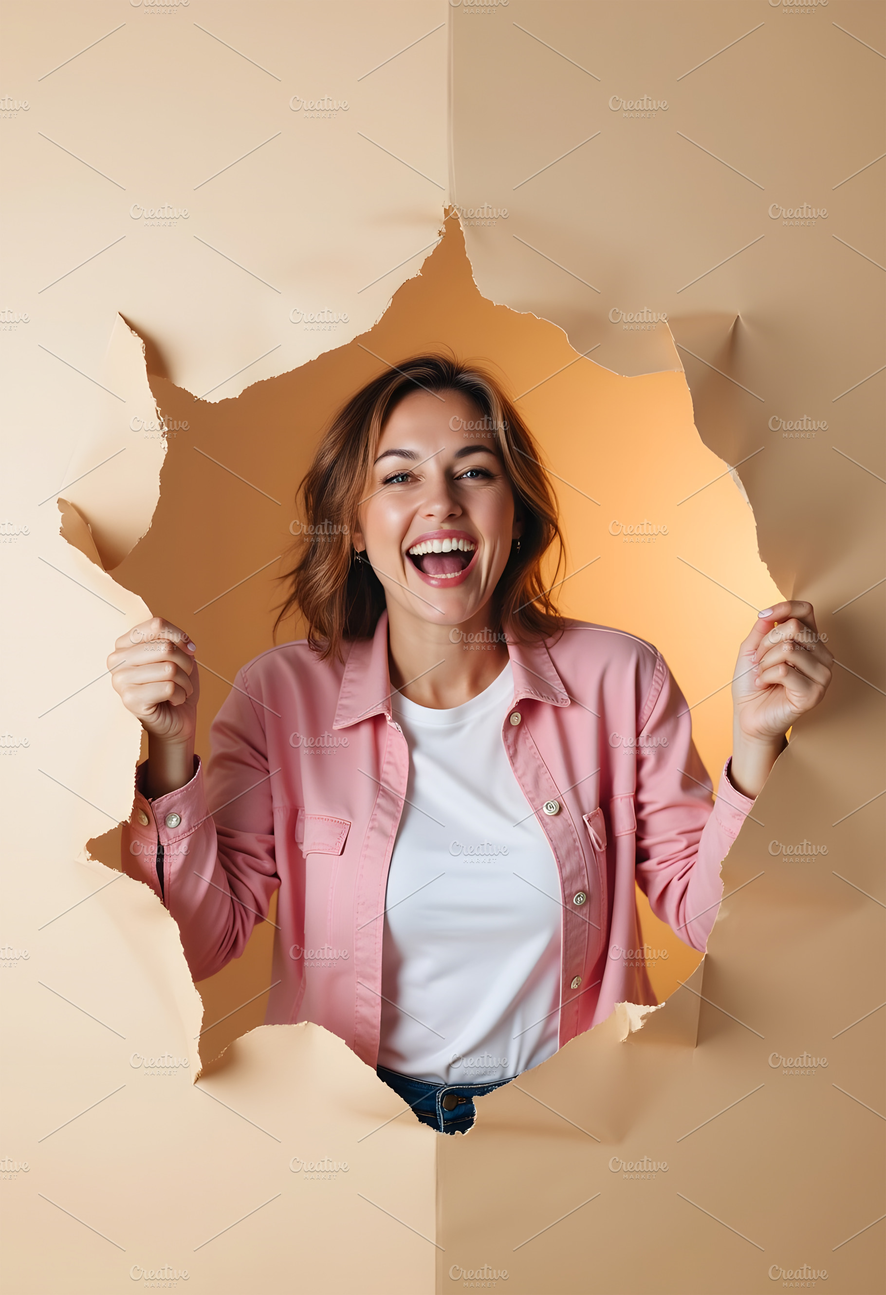 Excited Woman Breaking Through Paper, a Beauty & Fashion Photo by Stock Shape