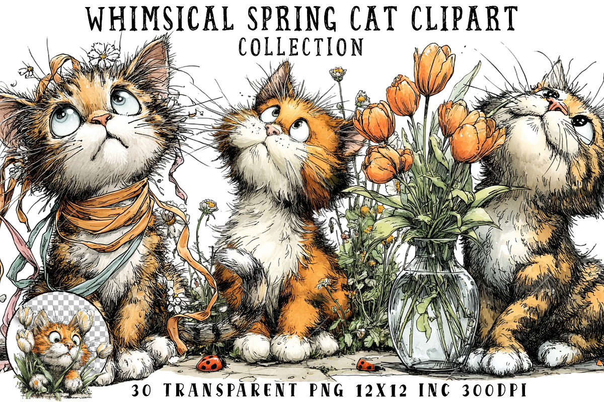 Whimsical Spring Cat Clipart, an Illustration by OK Design (Photo 1 of 6)