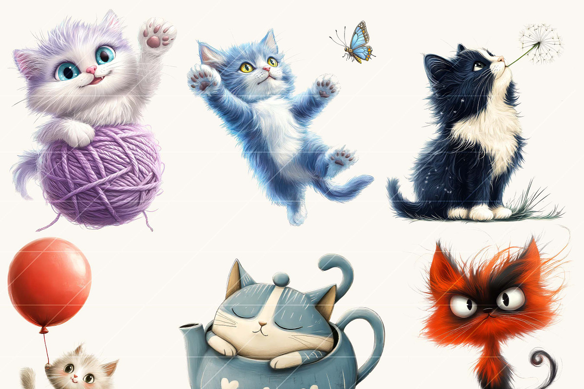 Watercolor Whimsical Cats Clipart, an Animal Illustration by Design Scotch (Photo 3 of 8)