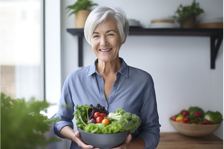 Woman casual dressed take salad bowl, a Food & Drink Photo by Ylivdesign