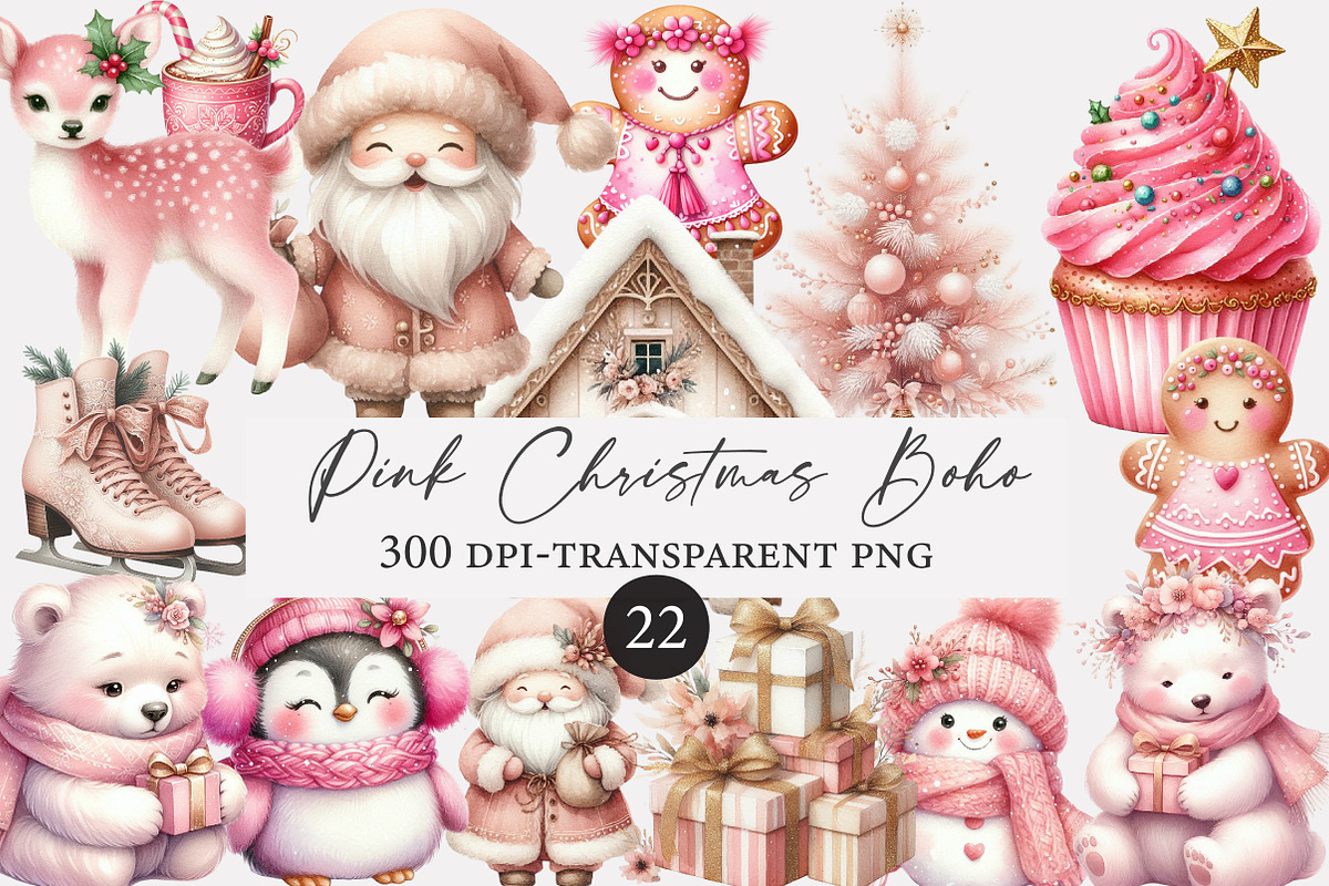 Pink Christmas Boho Watercolor, an Illustration by Designworld (Photo 1 of 5)