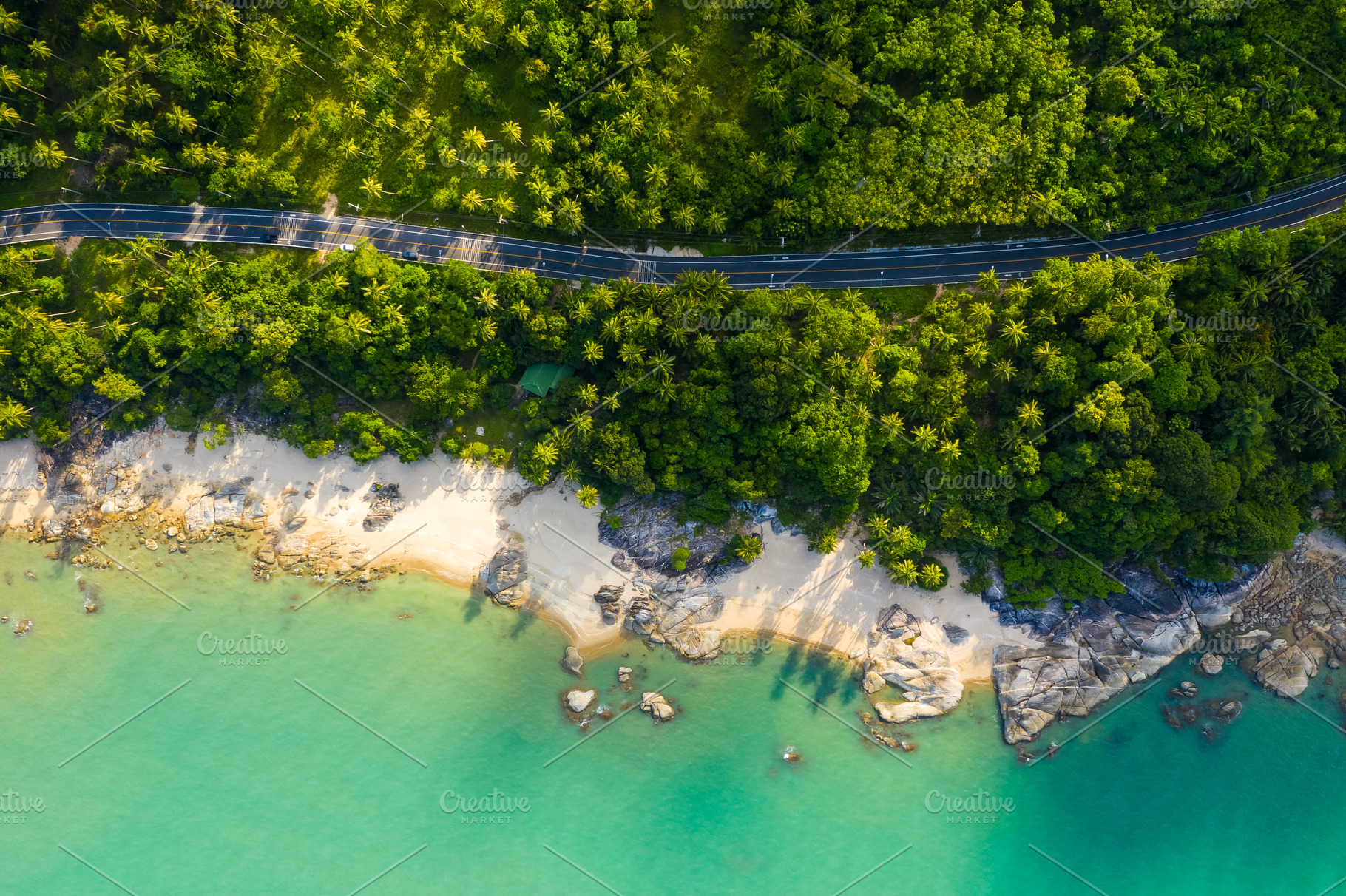 Road and tropical sea stock photo containing coconut and aerial view, a Nature Photo by KHphotography