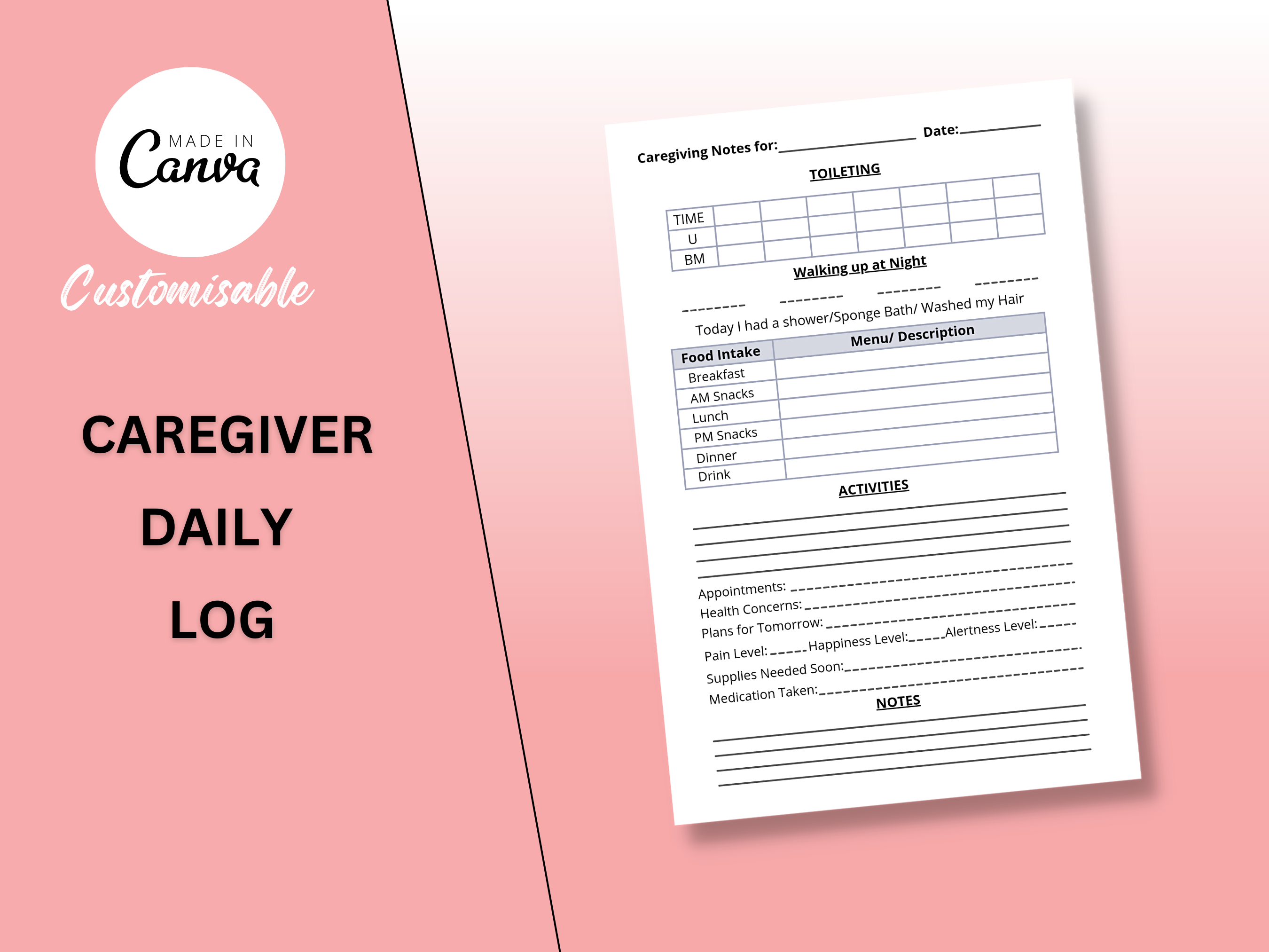 Caregiver Daily Log Printable by Creative Corner | Creative Market