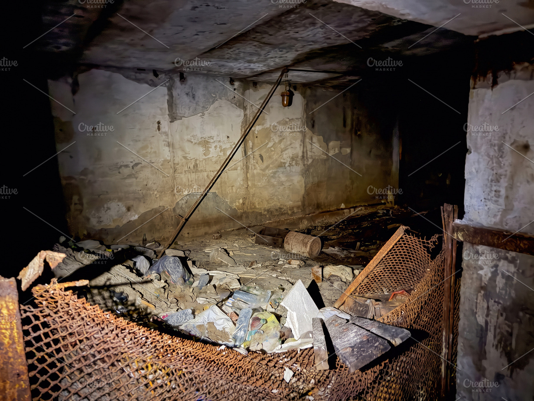 Abandoned room in dark underground shelter, an Architecture Photo by Vapi