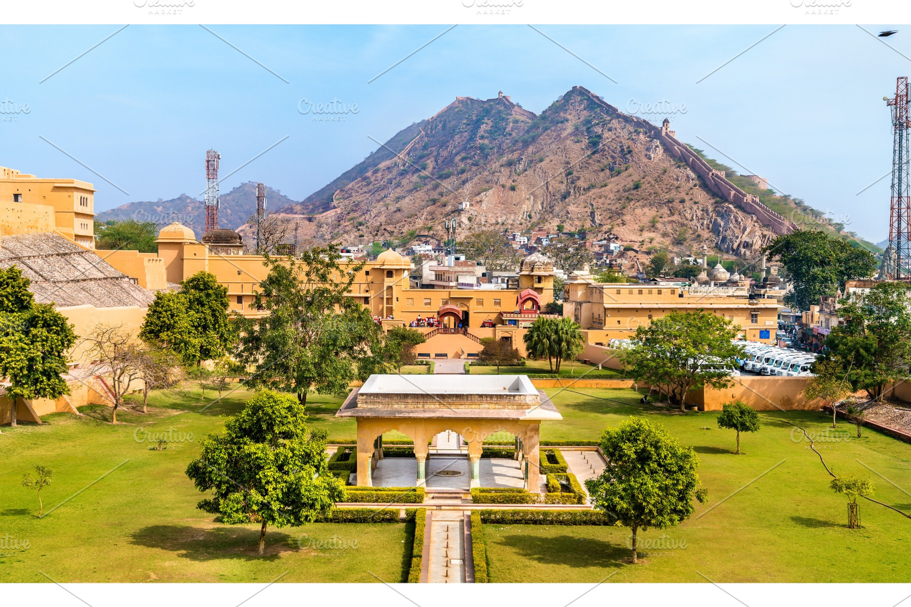 View of Amer Fort Garden. A major tourist attraction in Jaipur -, an Architecture Photo by Leonid Andronov
