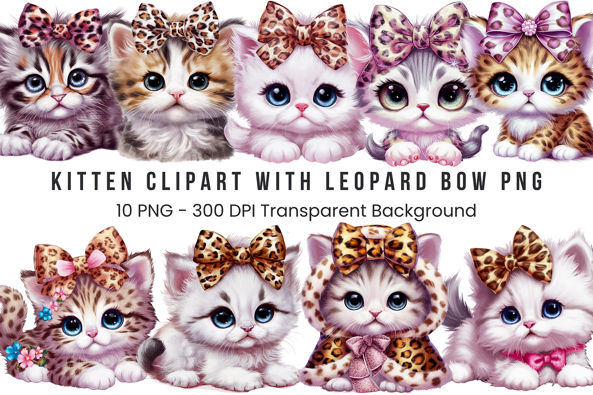 Kitten with Leopard Bow PNG Bundle, a Graphic by Clipart Bloom (Photo 1 of 11)
