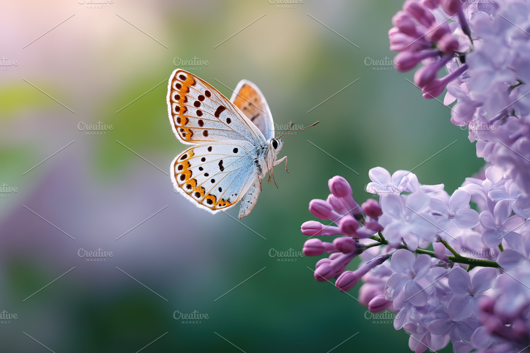 Butterfly gracefully flying near blooming purple lilac flowers on a sunny day, an Animal Photo by AlyaAnd
