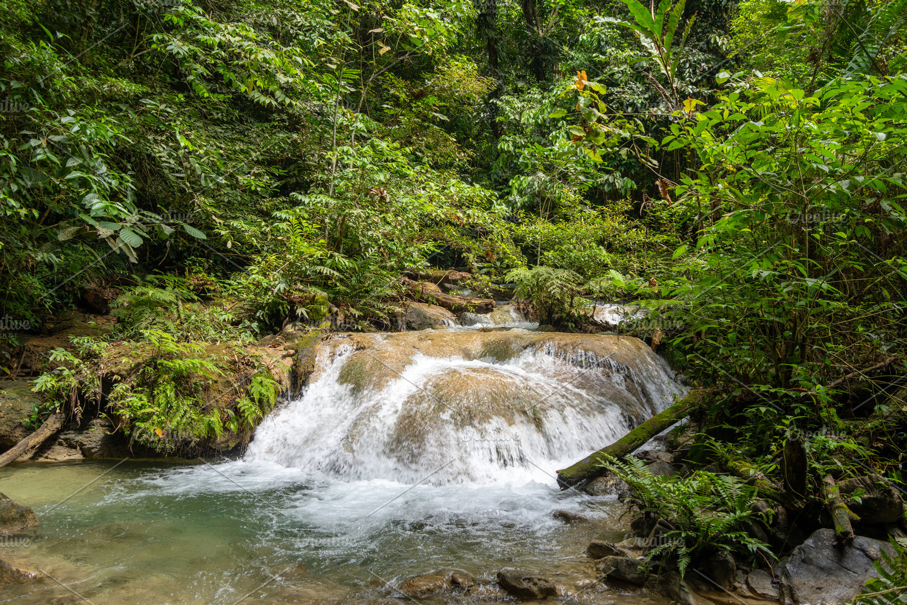 Small river and waterfall in Tentena rainforest, Sulawesi, Indon, a Nature Photo by GoodGoods