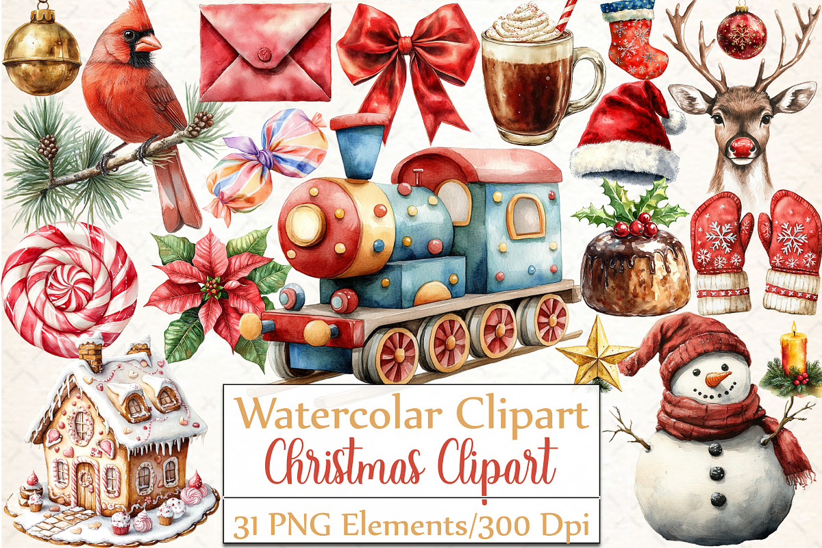 Watercolor Christmas Clipart PNG Bun, an Illustration by DreamCafeArt (Photo 1 of 5)