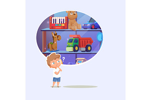 Toy store. happy boy standing near, an Illustration by Onyx