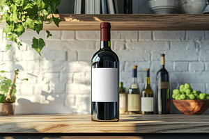 Wine bottle with blank label showcased on a wooden countertop in, a Food & Drink Photo by AlyaAnd