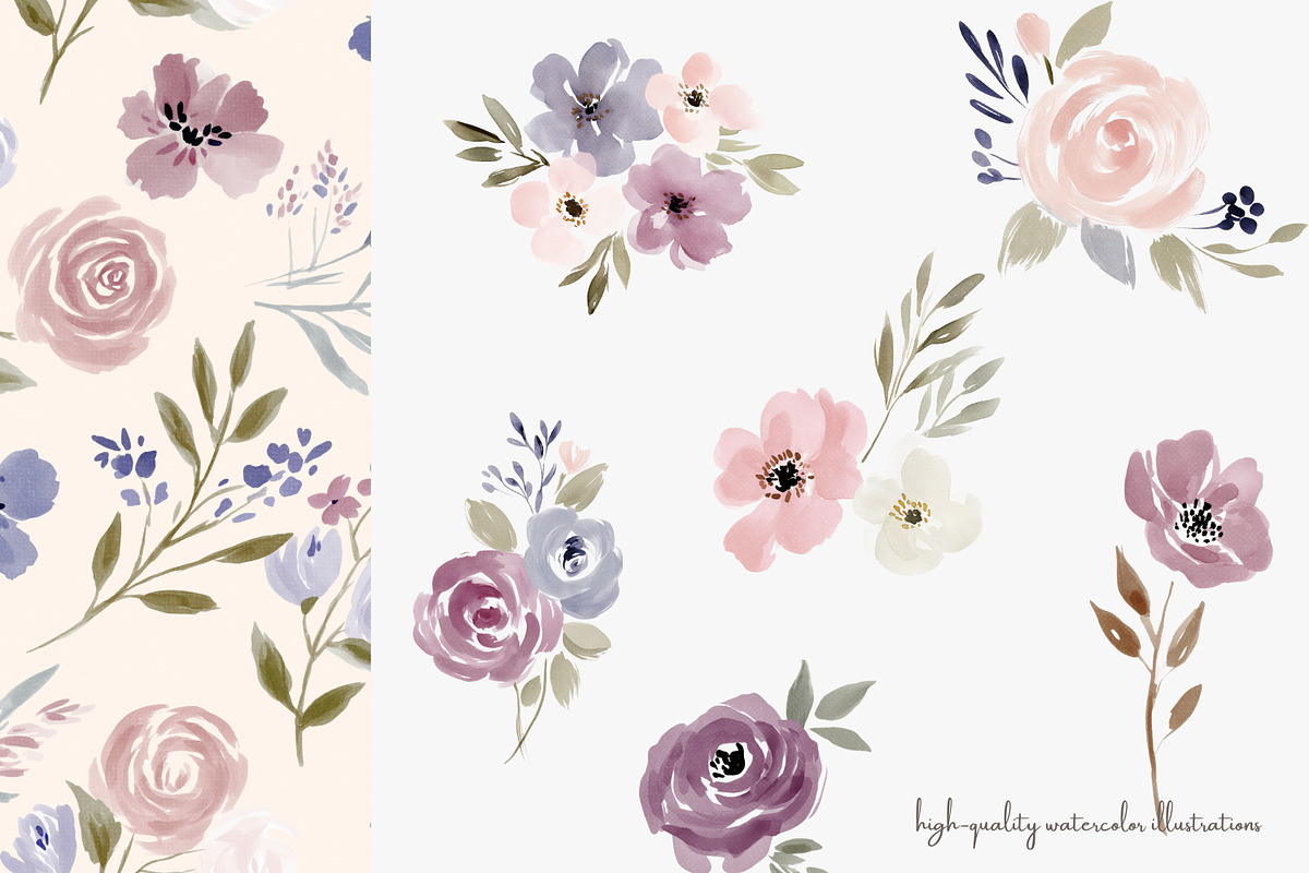 watercolor floral clipart set, a Decorative Illustration by Patishop Art (Photo 6 of 10)