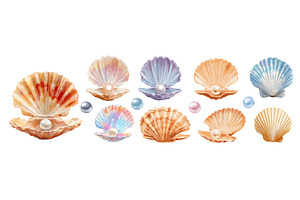 Shells cartoon set. pink blue beige, an Animal Illustration by Stock-Smart-Start