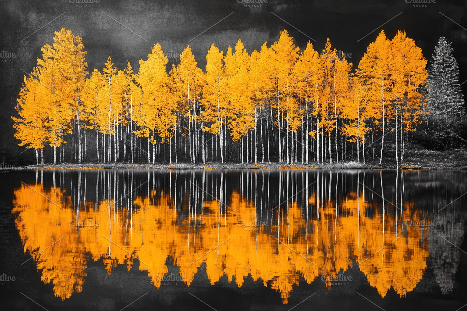 Golden trees reflect calm waters, a Photo by Pavel_design