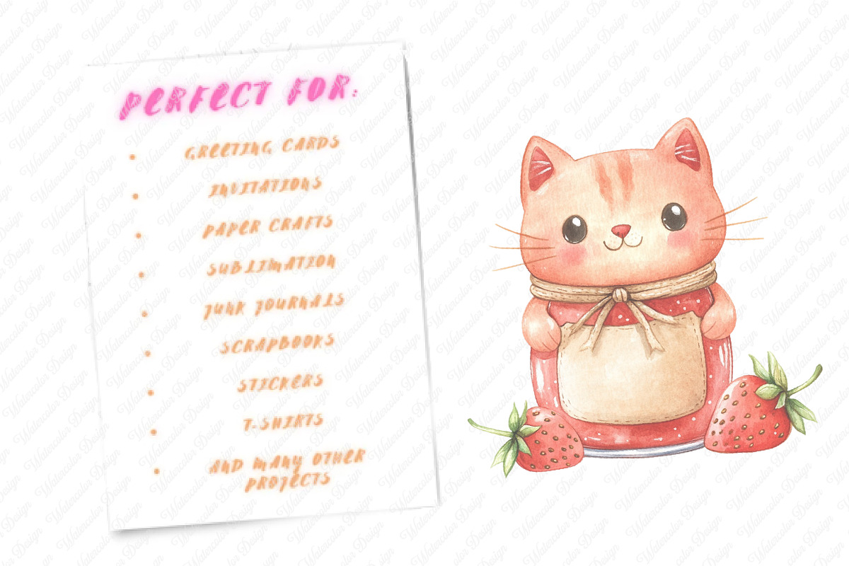 Strawberry Cat Sublimation Clipart, an Illustration by Watercolor design (Photo 11 of 12)