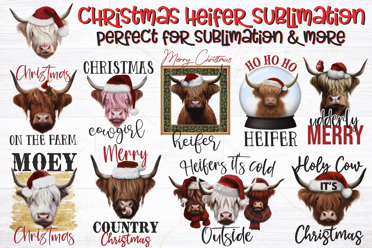 Christmas Heifer Sublimation Bundle, a Seasonal Illustration by RossiGalleria (Photo 1 of 11)