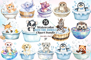 Watercolor Bath Time Animals Clipart, a Seasonal Illustration by Canvas Craft