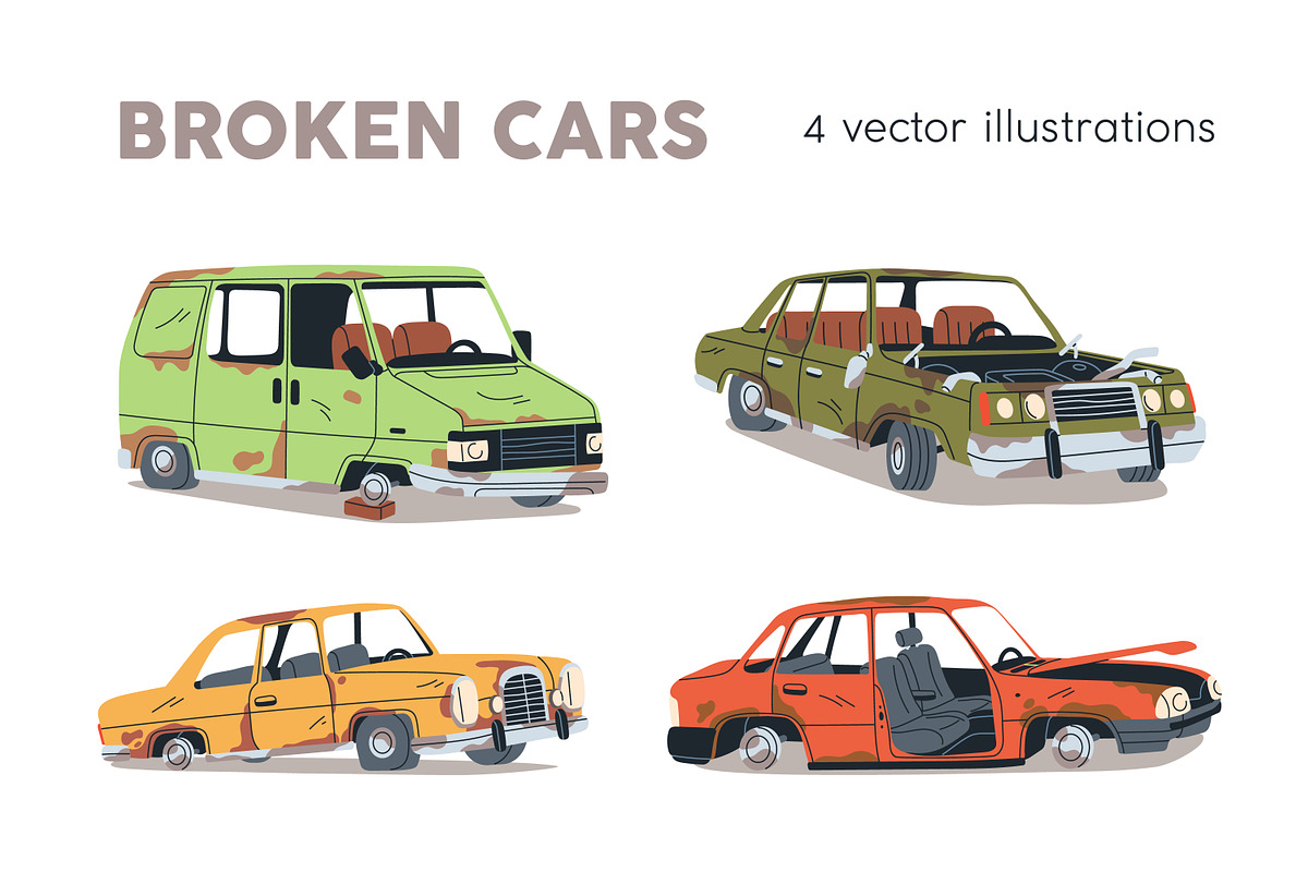 Old broken cars. Abandoned autos set, a Transportation Illustration by Good Studio (Photo 1 of 5)