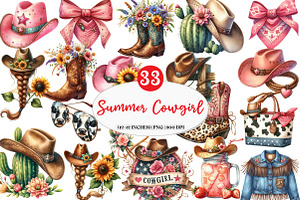 Summer Cowgirl Sublimation Clipart, an Illustration by Watercolor design