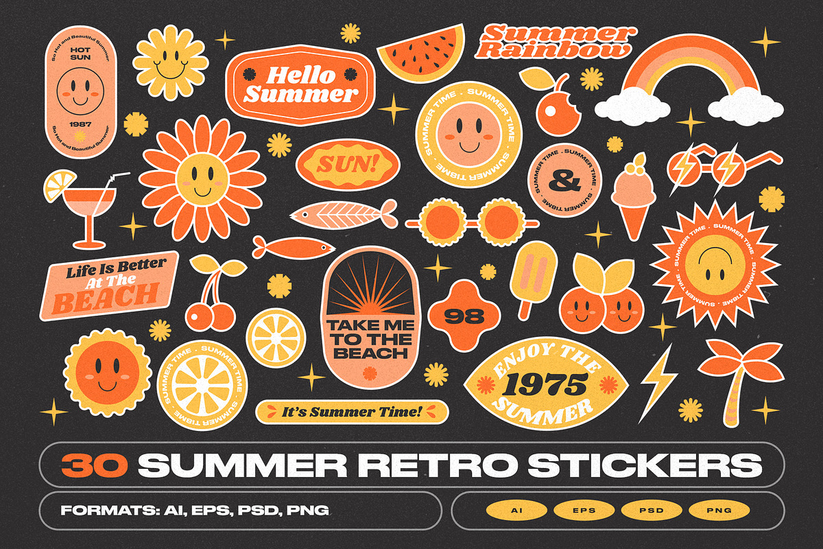 30 Summer Retro Stickers, an Object Graphic by Parisa-Artstudio (Photo 1 of 5)