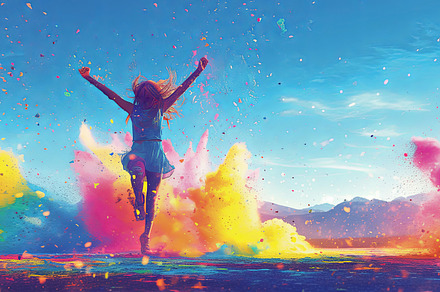 Joyful woman celebrates amidst vibrant clouds of colorful powder, an Illustration by AS photostudio