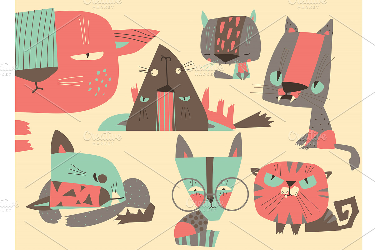 Cats characters with abstract, an Animal Illustration by Maria Starus