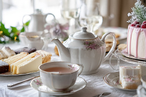 Afternoon tea party set with a decorated cake, pastries, teapot,, a Photo by Studio ANNA