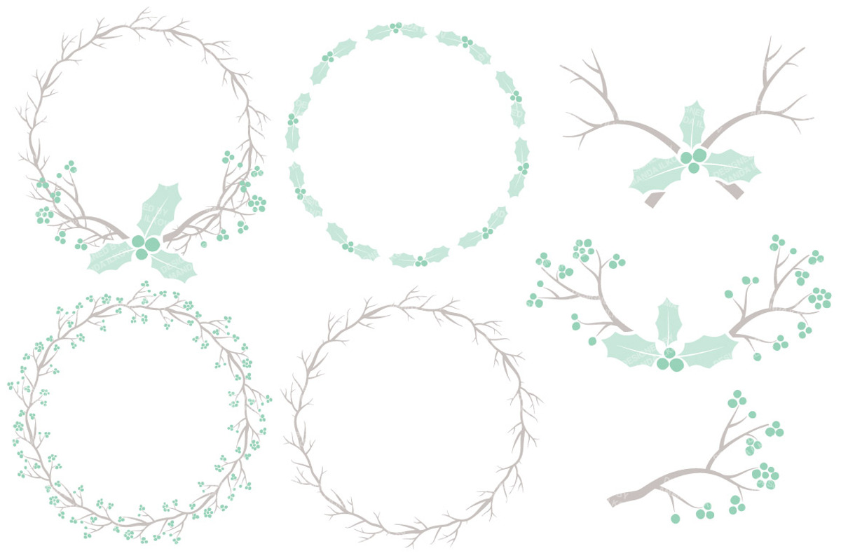 Mint Holly Wreath Clipart & Papers, an Illustration by Amanda Ilkov (Photo 4 of 5)