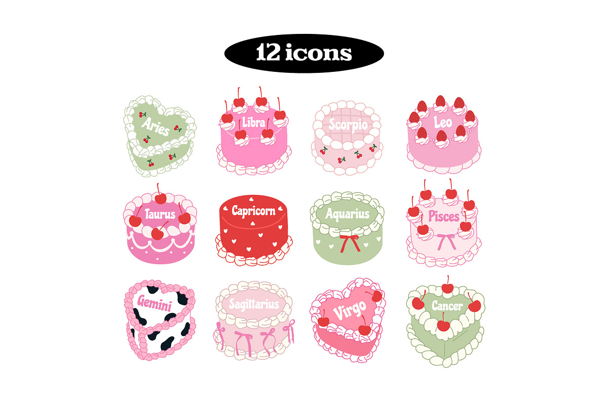 Zodiac cakes vector icons, a Decorative Illustration by yabluko_draws (Photo 2 of 5)