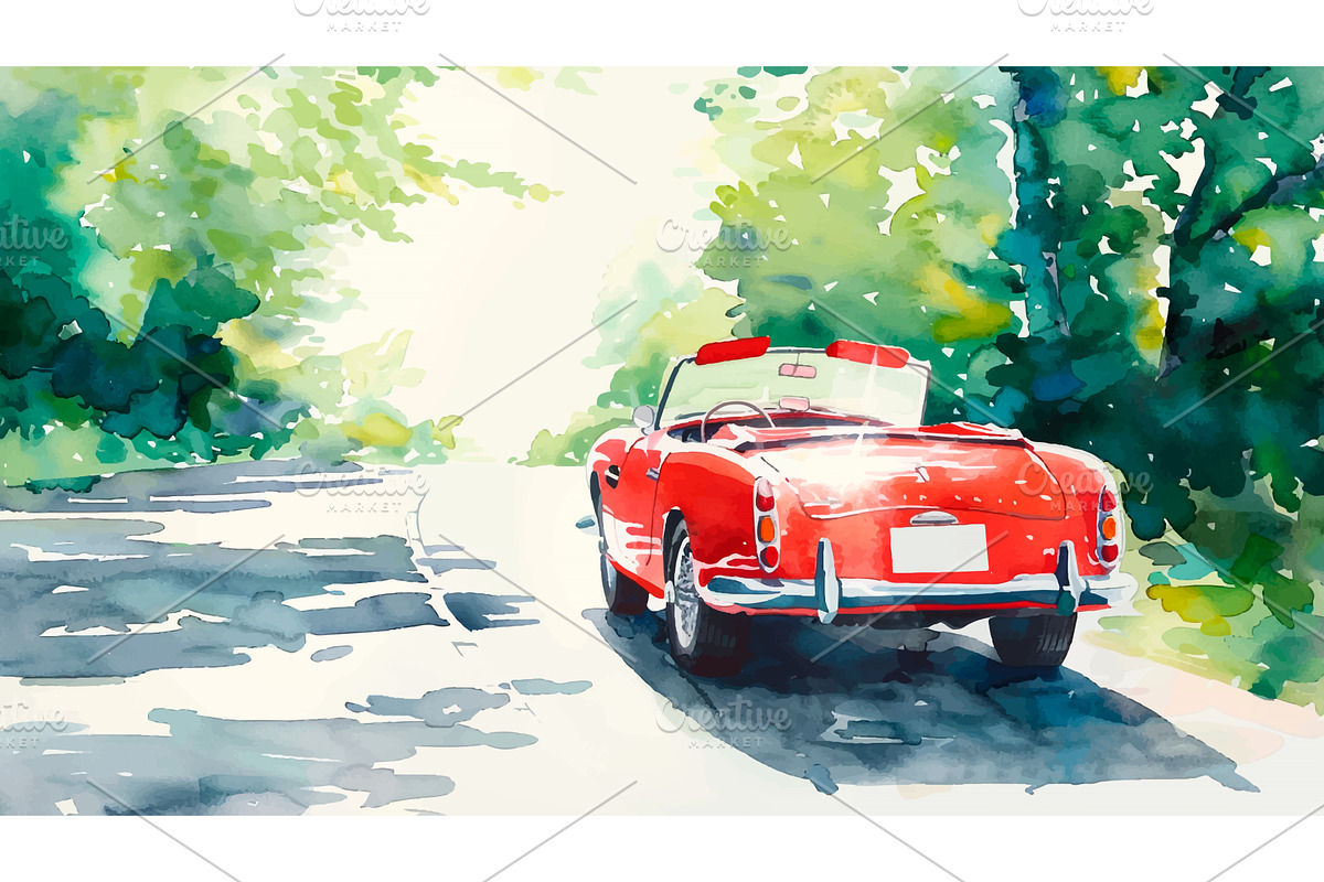 Red Cabrio Car Driving Empty Paved, an Object Illustration by LadadikArt