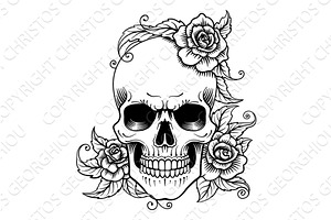 Skull Roses Engraved Woodcut Etching