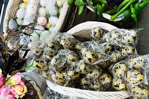 Colorful baskets of eggs with flowers and plants on a table, a Photo by AS photostudio