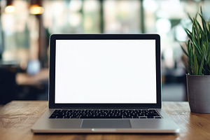 Laptop with a blank screen on a desk, a Photo by Pavel_design