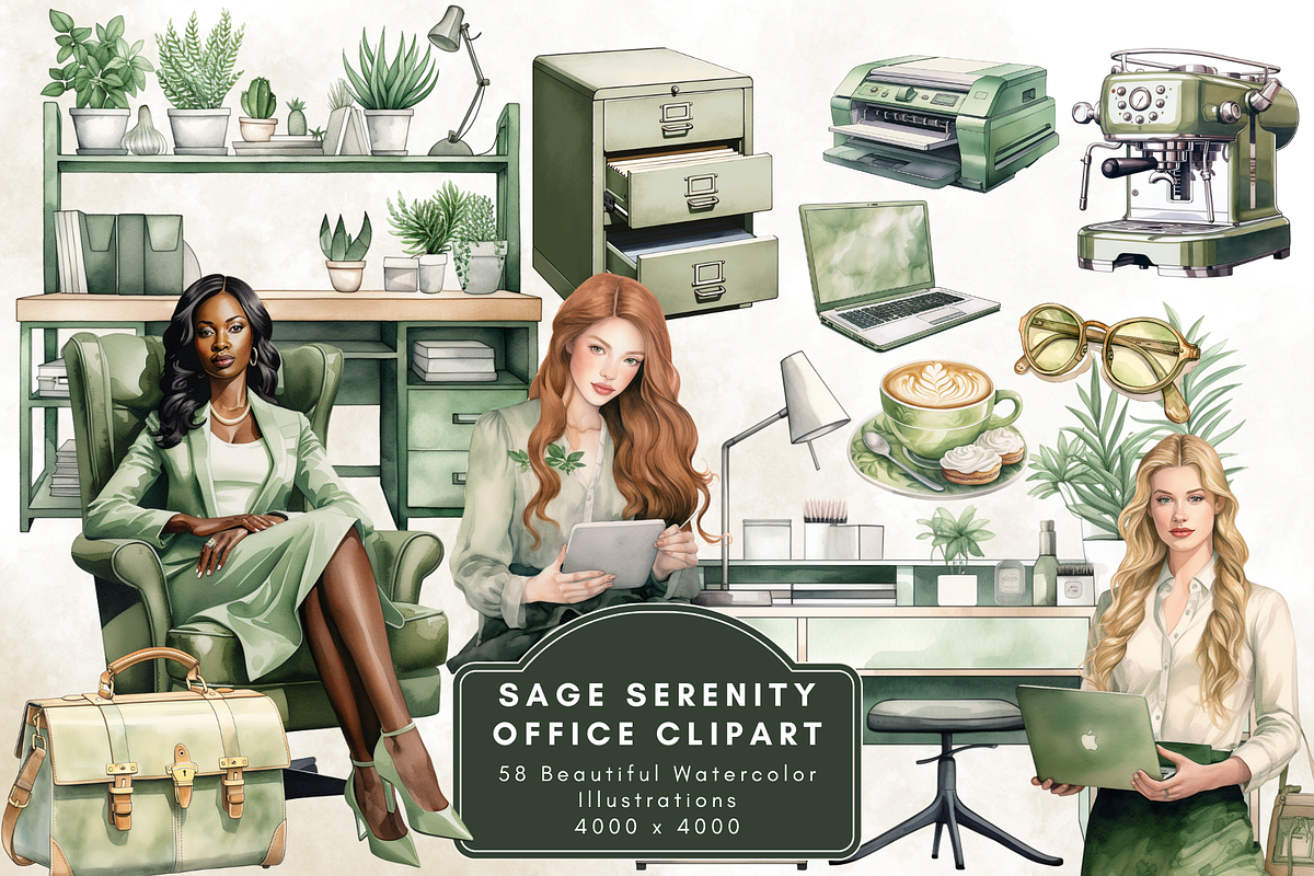 Watercolor Sage Green Office Clipart, an Illustration by NadiaTheronArt (Photo 1 of 5)