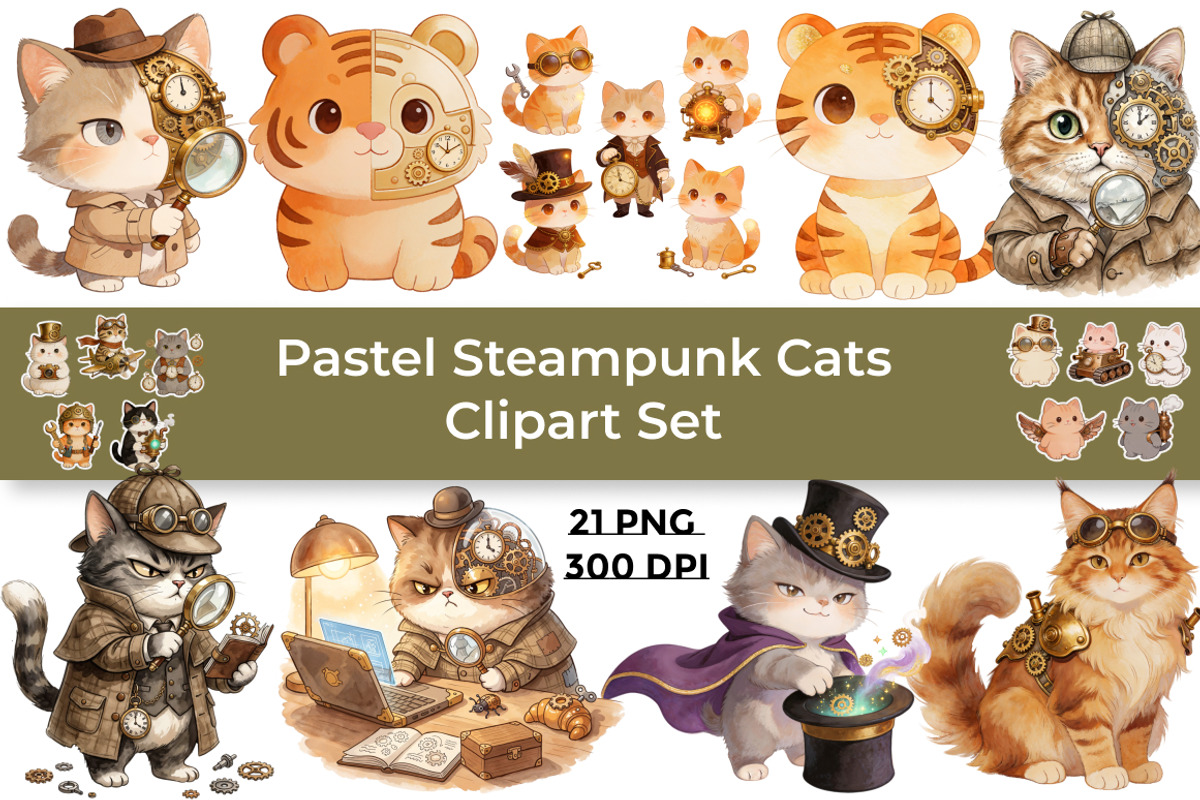 Steampunk Cat Clipart Set - 21 PNG, an Animal Illustration by InkyQueenArt (Photo 1 of 7)