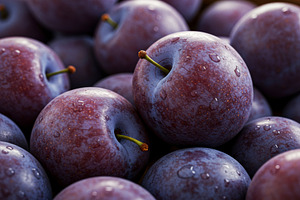 Fresh ripe plums with water drops on, a Food & Drink Photo by professorinc
