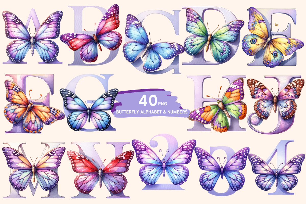 Butterfly Purple Alphabet and Number, a Symbol Font by Bubble Pixel (Photo 2 of 9)