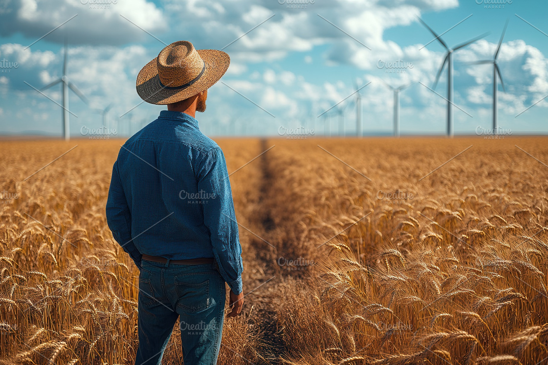 Farmer observing golden wheat field, a Photo by Tanuart